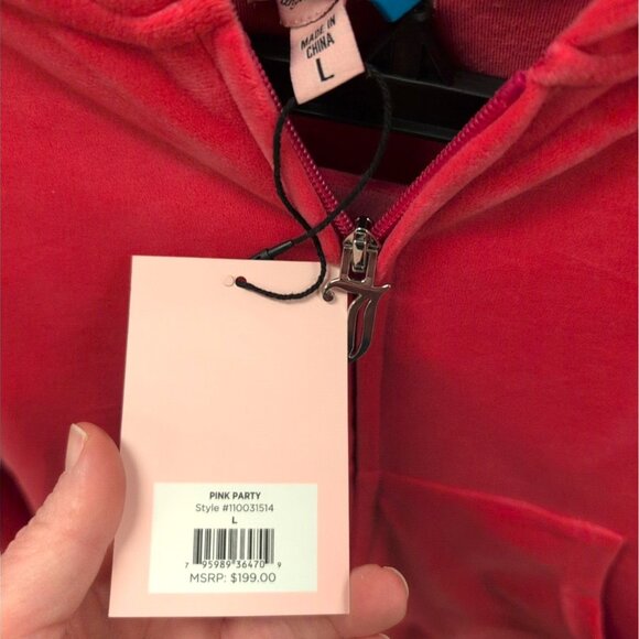 JUICY COUTURE BLING Velour TRACKSUIT Size L Pants + Hoodie 2 Piece Set Hot Pink - Picture 5 of 16